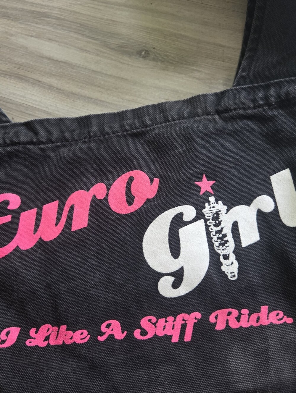 Euro Girl European Car Enthusiast Racing Canvas Tote Bag Spark Plug 'Stiff Ride' - Picture 7 of 13